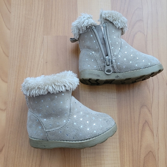 Cat&Jack Toddler Girls Boots Sz 4 Tan Suede like Side Zip Pull on Shoes Faux Fur - Picture 1 of 12
